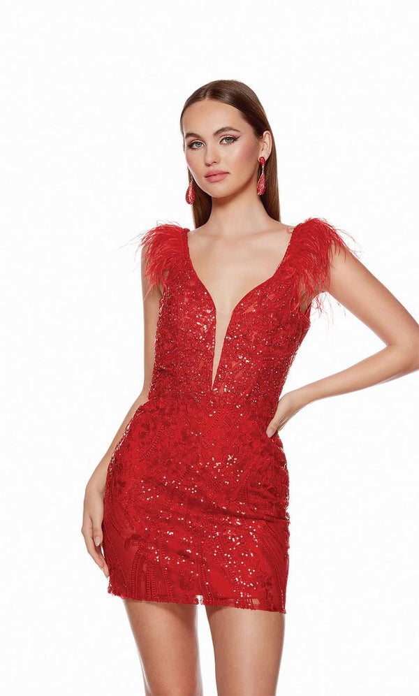 ALYCE Paris 4614 Red Sequin and Feather Embellished Cocktail Dress