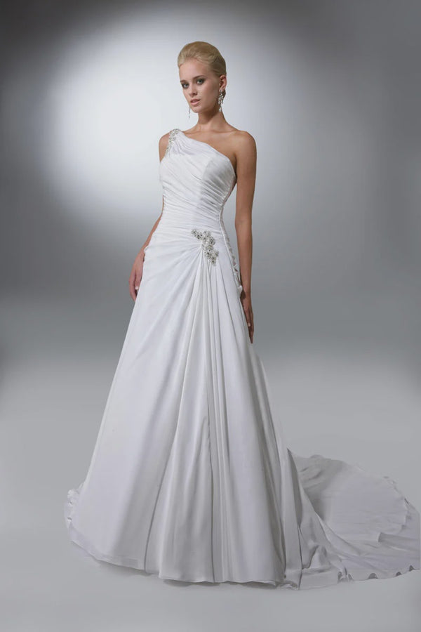 DaVinci Bridal 50092 One Shoulder White Chiffon A-Line Dress