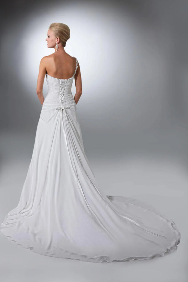 DaVinci Bridal 50092 One Shoulder White Chiffon A-Line Dress