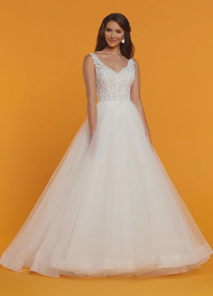 beaded bodice wedding dress Davinci Bridal 50514 Floral Lace Tulle Ballgown Wedding Dress V Neck Buttons Sheer 4 / White
