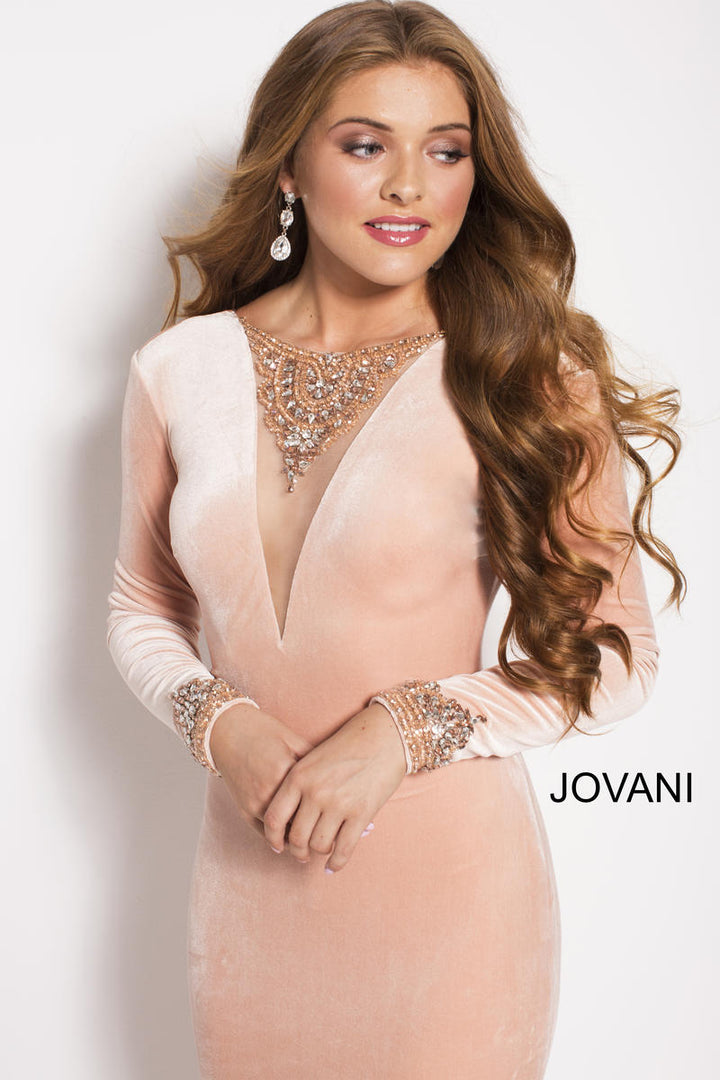 Jovani 52137 Blush Velvet Long Sleeve Dress with Center Back Slit