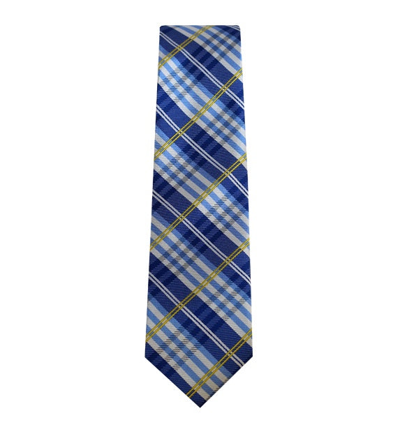 White, Powder Blue, and Yellow Stripes On Blue Plaid Design Tie