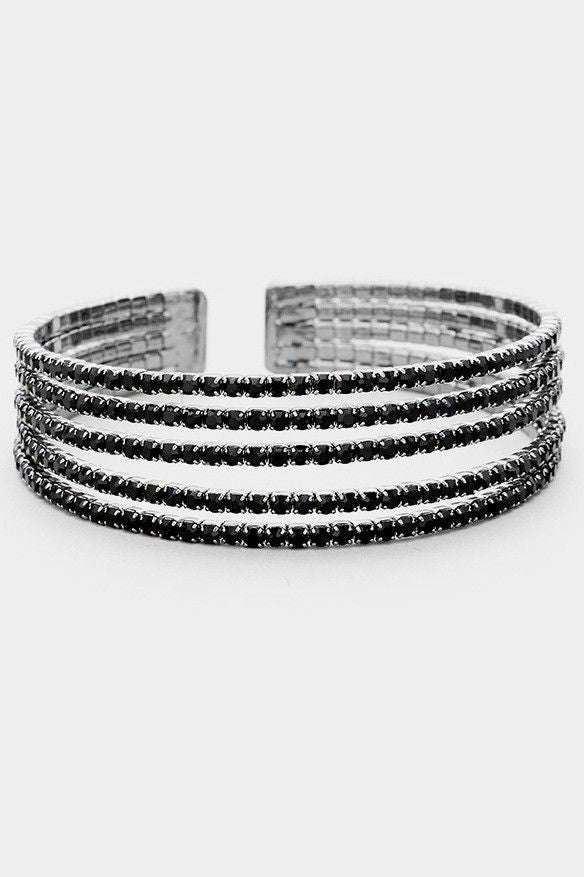 5 Rows Split Layered Rhinestone Cuff Bracelet - Silver, Gold or Jet Black
