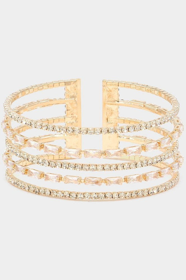 Cubic Zirconia Baguette Stone Accented Split Cuff Bracelet - Silver or Gold