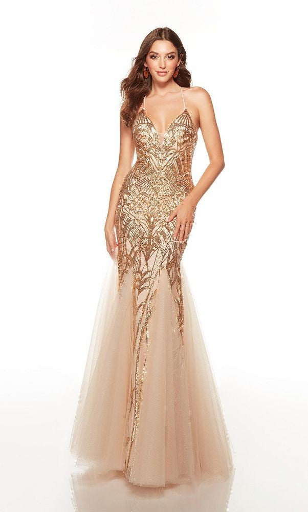 ALYCE Paris 61411 Gold Sequin Mermaid Dress with Lace Up Back