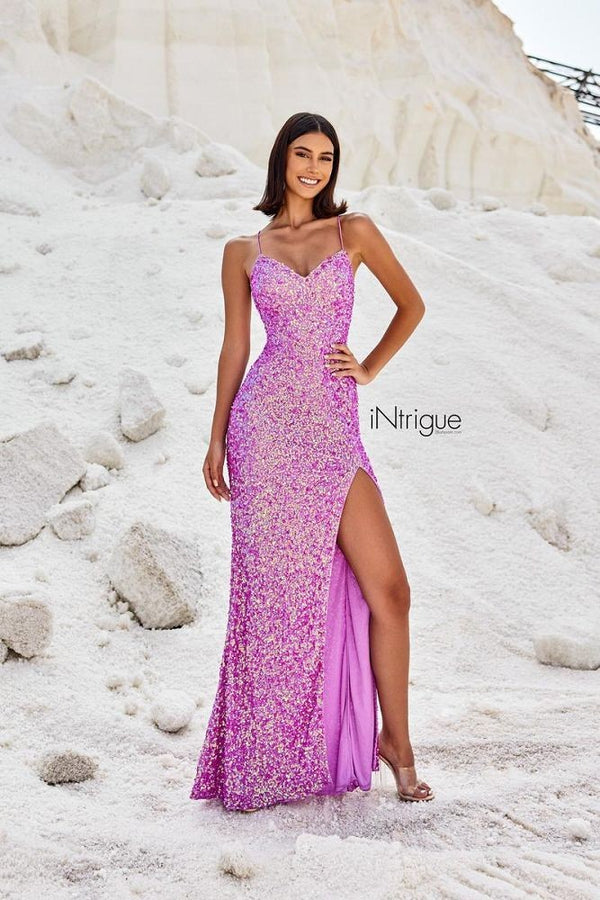 INTRIGUE by Blush 91040 Sequin Dress with Slit - Light Yellow or Orchid