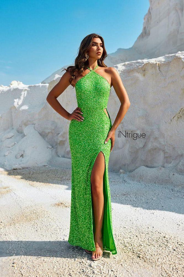 INTRIGUE by Blush 91014 Ocean Blue Fully Beaded Dress with Slit