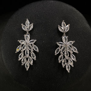 Pair of silver leaf-shaped marquise CZ earrings 