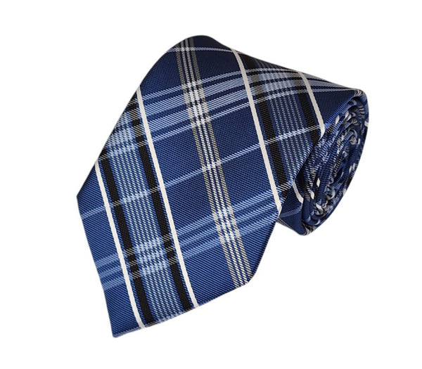 Black, White and Navy Blue Plaid Woven Tie