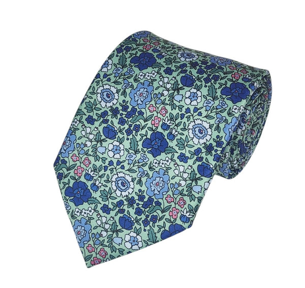 Blue, White Floral on Green Printed Design Tie