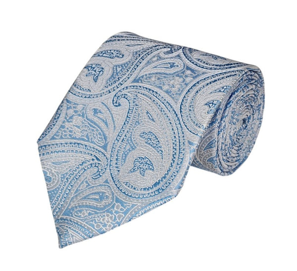 White and Sky Blue Design Woven Paisley Necktie