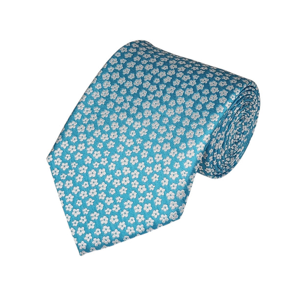 White Flower on Tiffany Blue Woven Design Tie