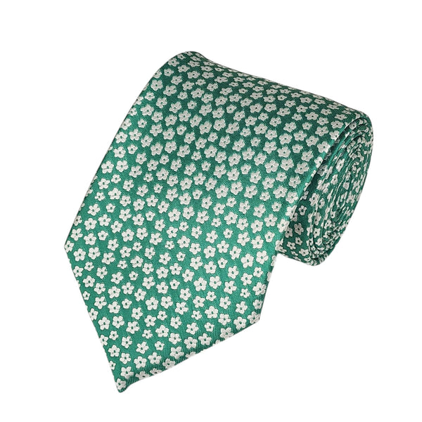 White Flower on Kelly Green Woven Tie