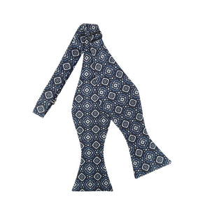 Royal Blue and Grey Conservative Print on Navy Self Tie Bow Tie Romario Manzini 