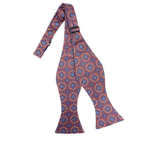 Royal Blue and Yellow Print on Burgundy Self Tie Bow Tie Romario Manzini 