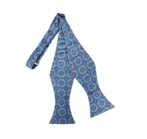 Burgundy and Gold Conservative Print on Blue Self Tie Bow Tie Romario Manzini 