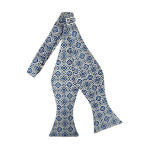 Royal Blue and Grey Conservative Print on Silver Self Tie Bow Tie Romario Manzini 