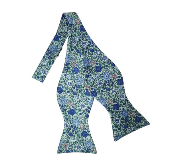Green, Blue, White Floral Print Self Tie Bow Tie