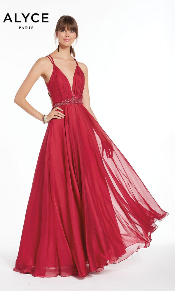 ALYCE Paris 1382 Raspberry V-Neck Chiffon Dress Alyce Paris 
