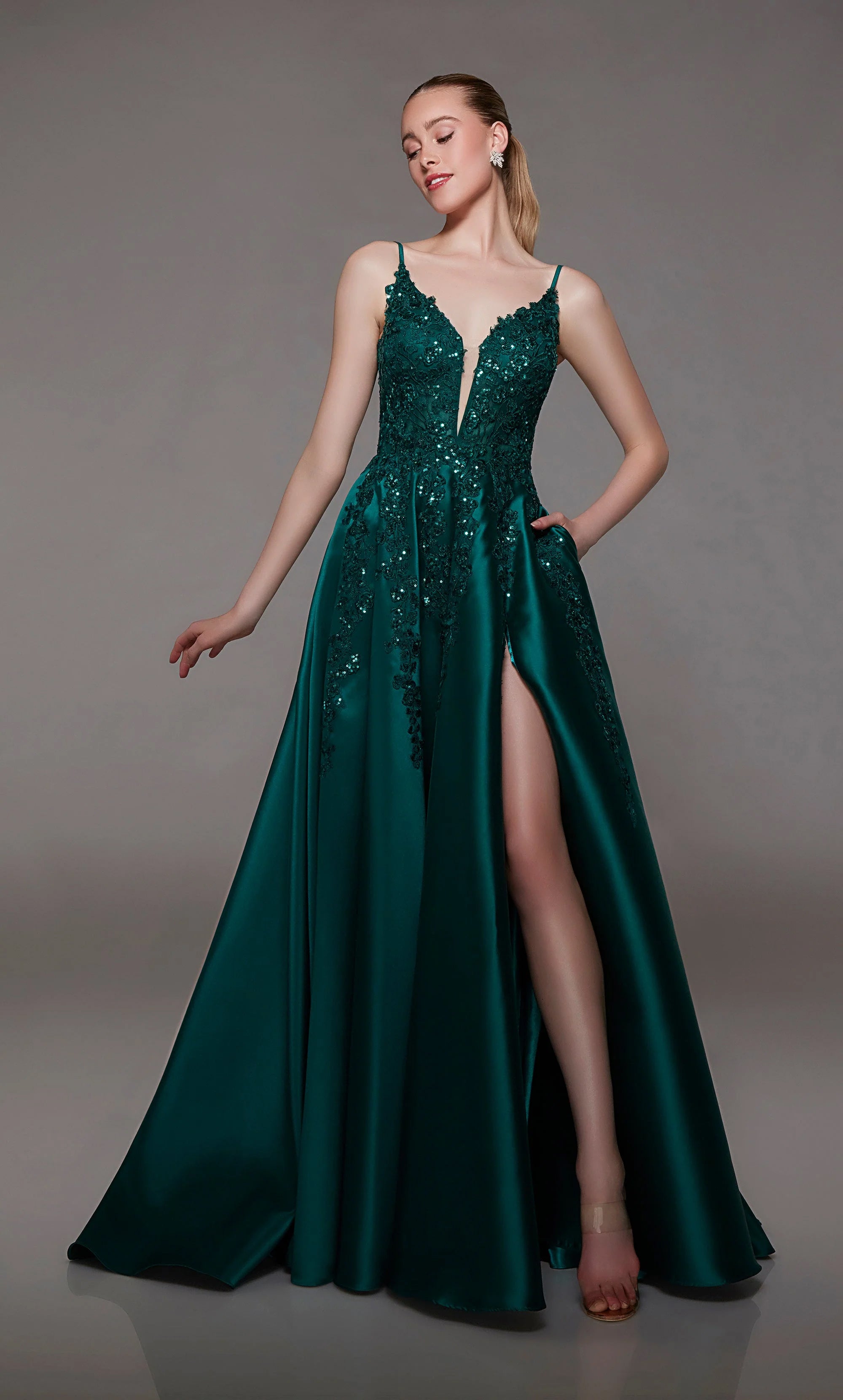 ALYCE Paris 1800 Pine Green Lace and Mikado A Line Dress with Slit Formalwear Outlet