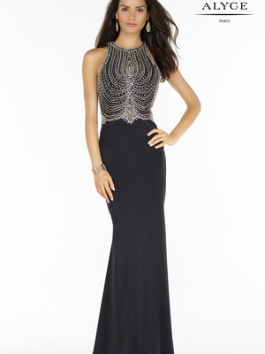 Alyce Paris 6693 Black Modest Beaded Bodice Sheath Dress Alyce Paris 