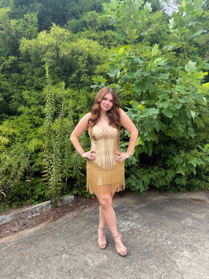 ALYCE Paris 40118 Satin Corset Mini Dress with Beaded Fringe Hem Alyce Paris 