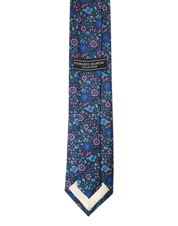 Pink and Blue on Navy Floral Design Tie Romario Manzini 