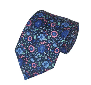 Pink and Blue on Navy Floral Design Tie Romario Manzini 