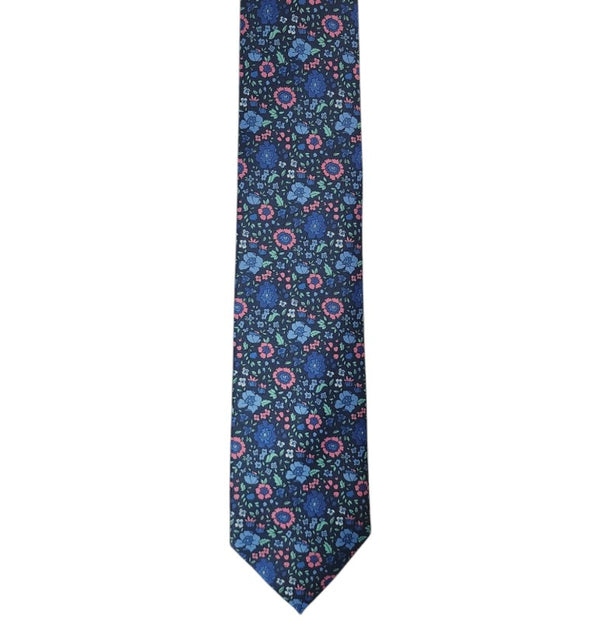 Pink and Blue on Navy Floral Design Tie Romario Manzini 