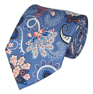 White, Black and Steel Blue Bohemian Floral and Teardrop Paisley Design Tie Romario Manzini 