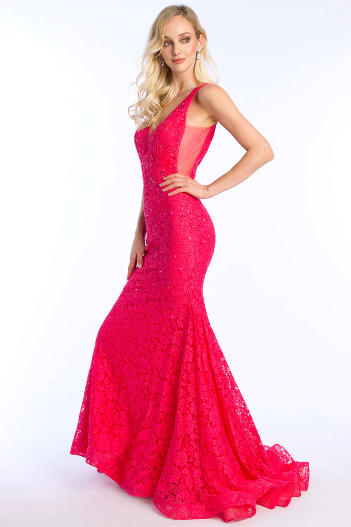 Ava Presley 37319 Hot Pink Lace Fitted Dress with Train