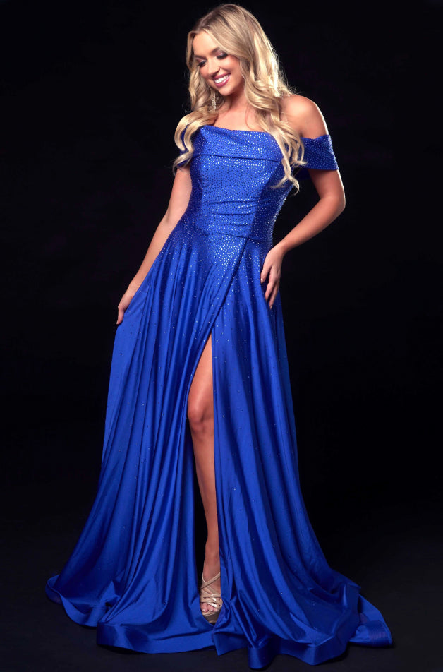 Ava Presley 37323 Cobalt Blue Off the Shoulder A-Line Dress with Slit