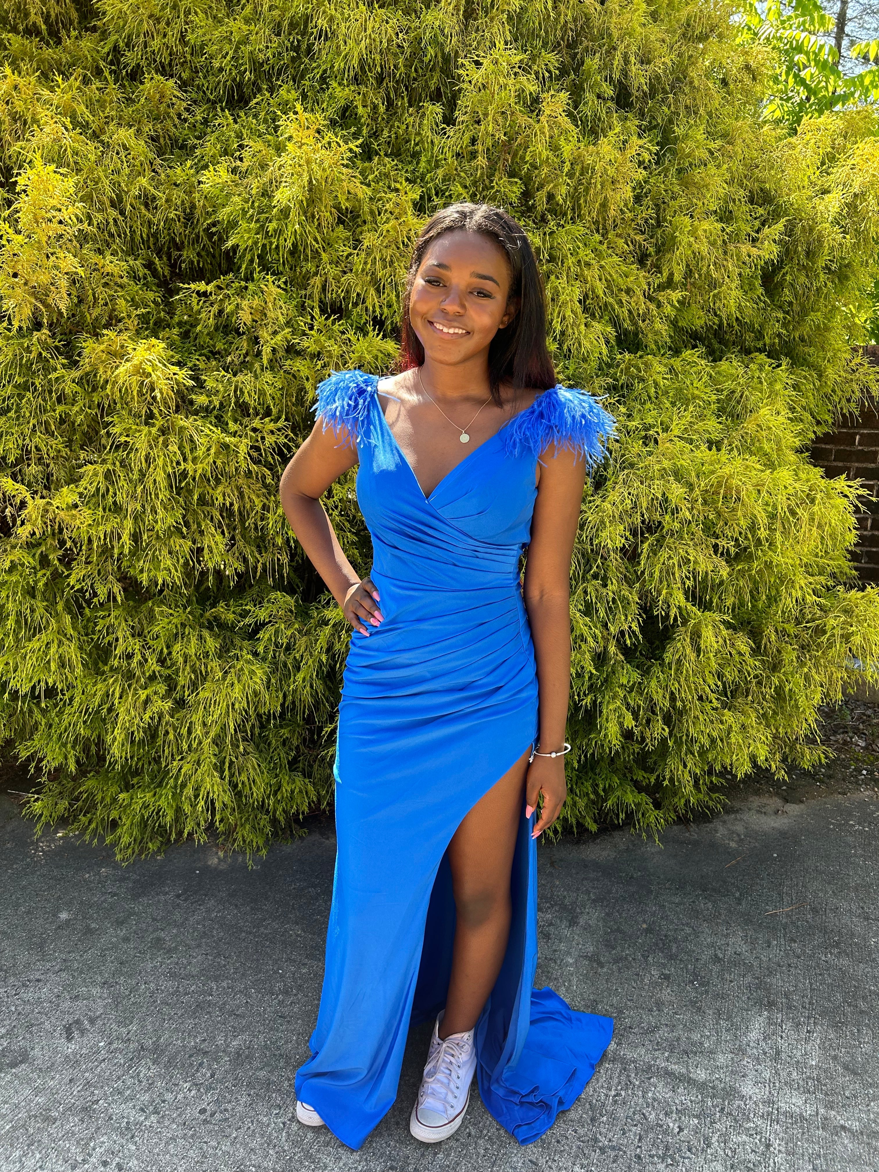Ava Presley 37324 Fitted Jersey Dress with Off the Shoulder Feather Detail ROYAL / 4 Ava Presley 37324 Fitted Jersey Dress with Off the Shoulder Feather Detail ROYAL / 4