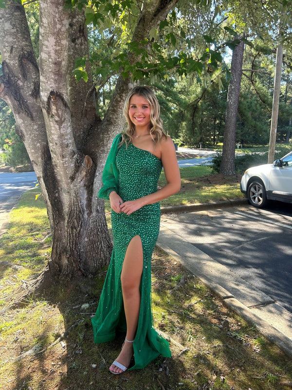 Ava Presley 38820 Emerald Beaded One Sleeve Dress Ava Presley 