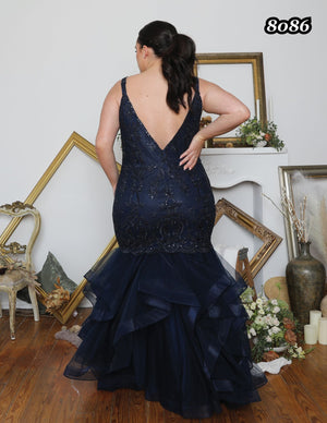 ATHENA PROM 8086 Marine Blue V-Neck Embroidered Lace Tulle Mermaid Dress Athena Prom 