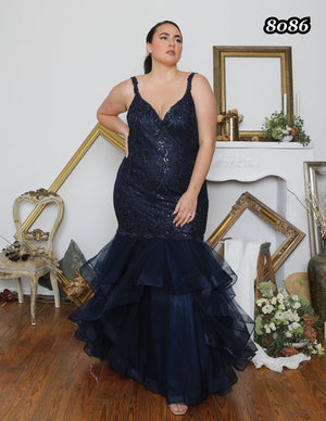 ATHENA PROM 8086 Marine Blue V-Neck Embroidered Lace Tulle Mermaid Dress Athena Prom 