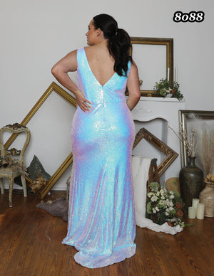 ATHENA PROM 8088 Iridescent Blue Deep V-Neck Sequin Dress