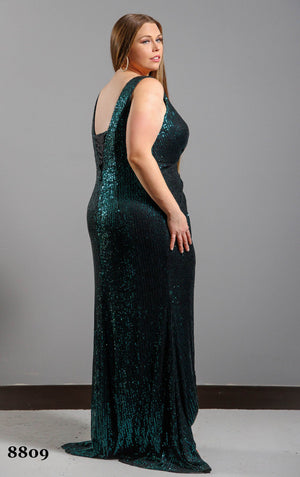 ATHENA PROM 8809 Hunter Green V-Neck Stretch Sequin Dress Athena Prom 