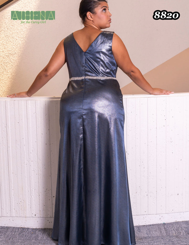 Athena Prom 8820 Metallic Shimmer V-Neck Dress with Slit - Burgundy or Navy