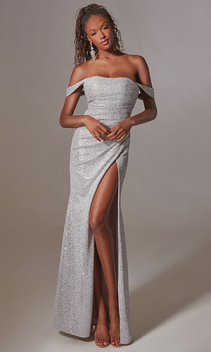 AERIE Couture 254 Off Shoulder Metallic Shimmer Dress with Slit Aerie Couture 