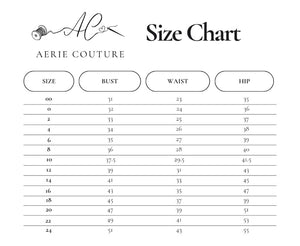 Aerie Couture Size Chart. Measurements are in Inches.