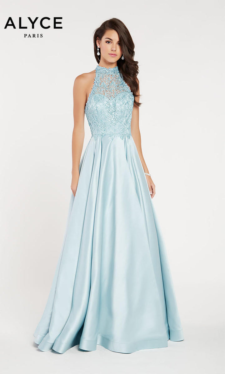 Alyce Paris 60334 Ice Blue Halter Neckline Lace and Satin Dress