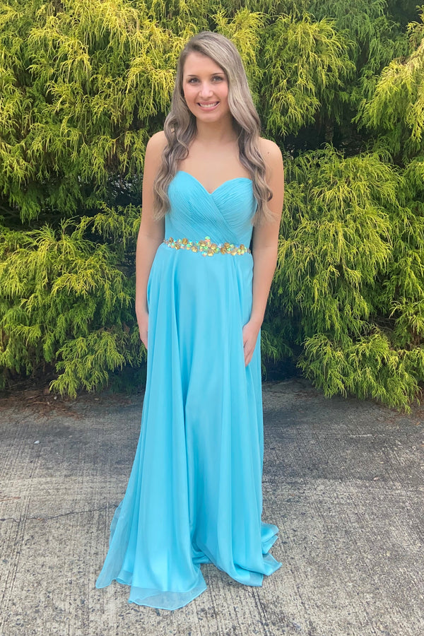 ALYCE Paris 35576 Light Turquoise Chiffon Jeweled Waist A-Line Dress