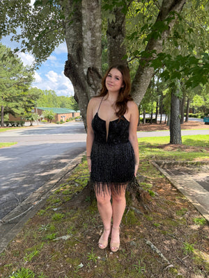 ALYCE Paris 4807 Black Charcoal Fringe Skirt Lace-Up Cocktail Dress Alyce Paris 