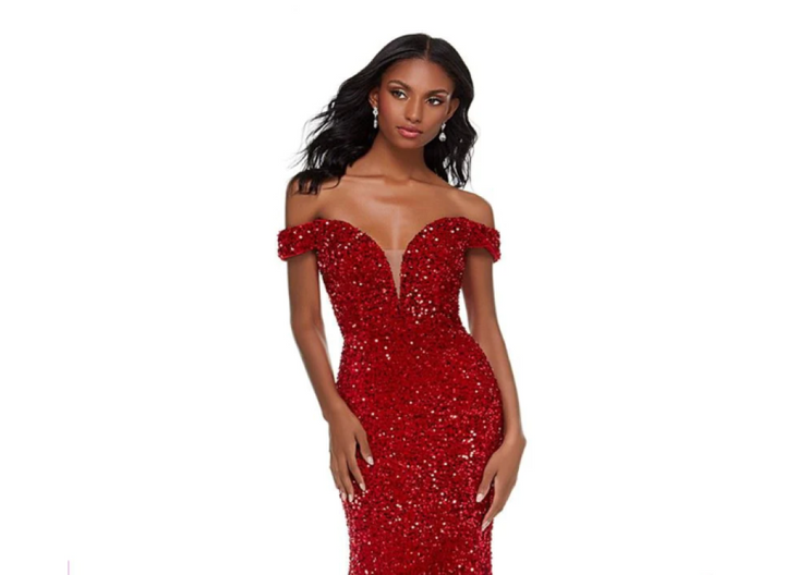 Alyce Paris 61187 Red Sweetheart Off the Shoulder Velvet Sequin Dress - Size 14