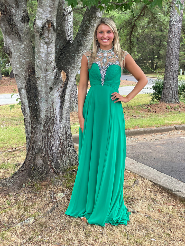 ALYCE Paris 6462 Emerald Green Chiffon Dress with Beaded Illusion Bodice