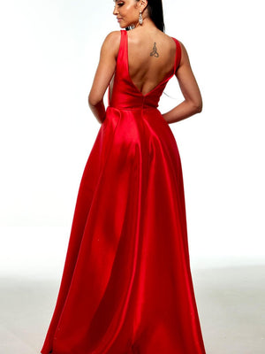 ALYCE Paris 1704 Red V-Neck Slim A-Line Dress with Slit Alyce Paris 
