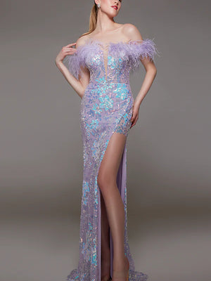 ALYCE Paris 1821 Lilac Sequin Off the Shoulder Dress Alyce Paris 