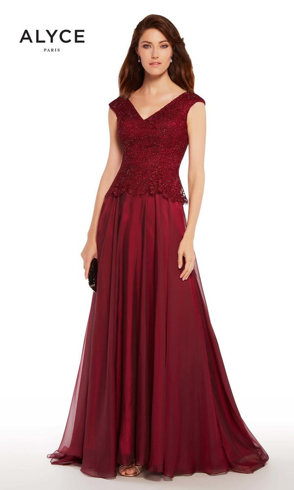 ALYCE PARIS 27232 Burgundy Modest A-Line Chiffon Dress Alyce Paris 