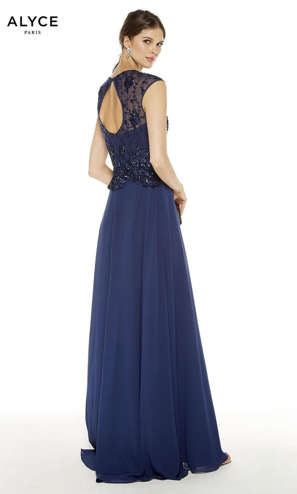 ALYCE Paris 27326 Navy Blue Modest A-Line Chiffon Dress Alyce Paris 
